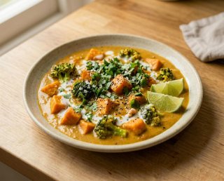 Kokos-Curry mit Süßkartoffel, Brokkoli & Limette