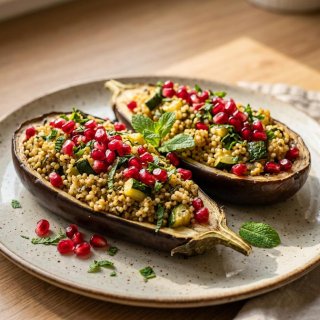Gefüllte Aubergine mit Hirse, Granatapfel & Minze