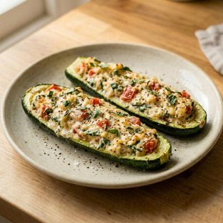 Ofen-Zucchini mit Frischkäse, Tomate & Kräutern