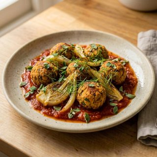 Bohnenbällchen mit geschmortem Fenchel und Tomaten