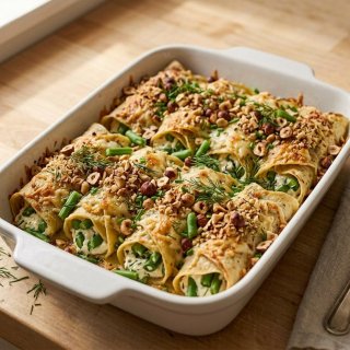 Gefüllte Pfannkuchen mit grünen Bohnen, Frischkäse