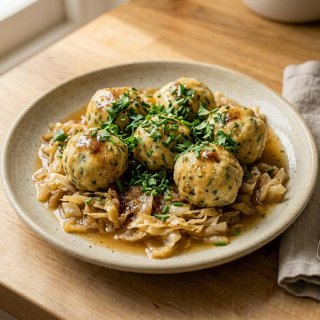 Kräuter-Käse-Knödel mit geschmortem Spitzkohl