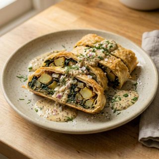 Mangold-Kartoffel-Strudel mit Senf-Zwiebel-Creme