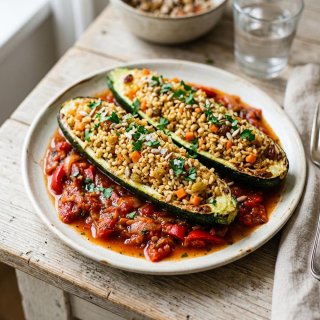 Gefüllte Zucchini mit Bulgur, Möhren und Tomaten-P