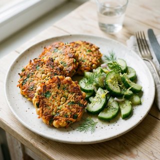Kartoffel-Kichererbsen-Taler mit Schmorgurke und D