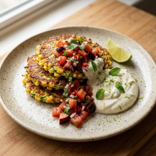 Mais-Zucchini-Puffer mit Tomaten-Pflaumen-Salsa un