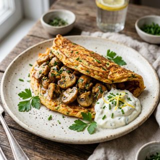 Möhren-Kräuter-Pfannkuchen mit Pilzragout und Zitr