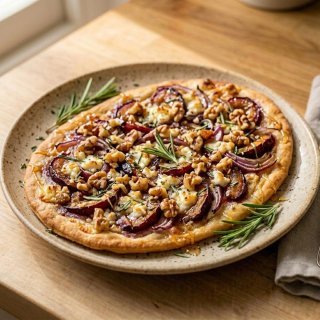 Pflaumen-Ziegenkäse-Flammkuchen mit roten Zwiebeln