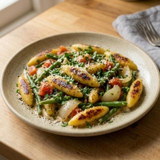 Schupfnudelpfanne mit Bohnen und Kräuterrahm