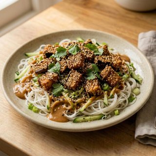 Sesam-Aubergine mit Reisnudeln, Gurke und Ingwer-E