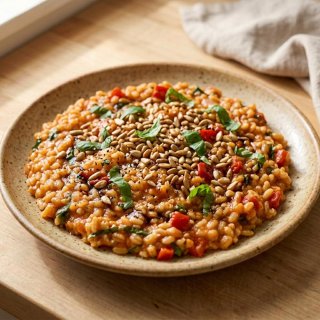 Tomaten-Paprika-Graupenrisotto mit Sonnenblumenker