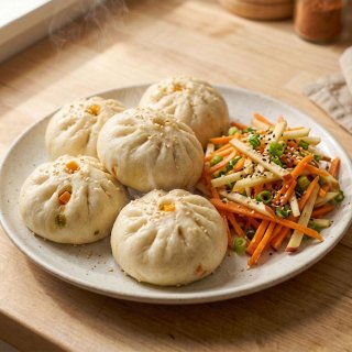 Gedämpfte Gemüse-Bao mit Kürbis, Porree und süß-sa