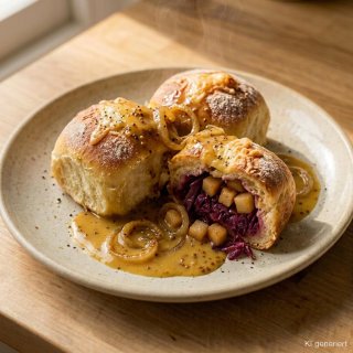 Gefüllte Käse-Buchteln mit Rotkohl-Birnen-Kern und