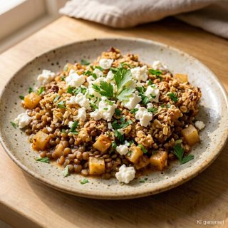 Herzhafter Sellerie-Birnen-Crumble mit Berglinsen 