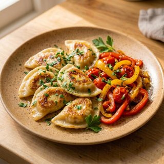 Kartoffel-Pilz-Piroggen mit Paprika-Tomaten-Gemüse