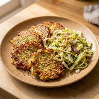 Kartoffel-Zucchini-Puffer mit warmem Spitzkohlsala