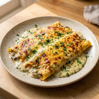 Kürbis-Crêpes mit Pilzfüllung und Petersilie-Bécha