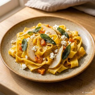 Kürbis-Pappardelle mit Birne, Salbei und Feta