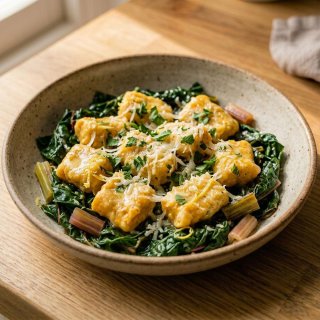 Kürbis-Ricotta-Malfatti mit geschmortem Mangold un