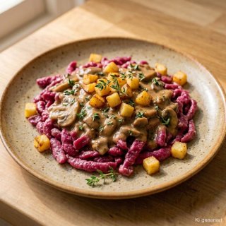 Rote-Bete-Spätzle mit Steinchampignon-Rahm und knu