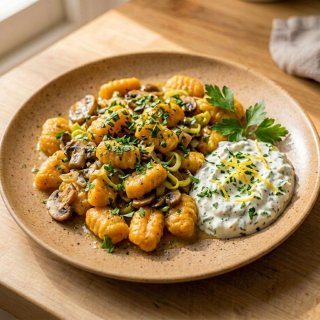 Selbst gemachte Möhren-Gnocchi mit Pilzen, Lauch u