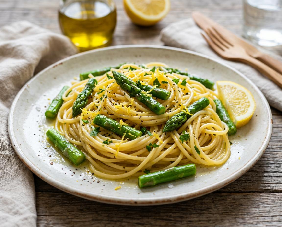 Zitronige Pasta mit grünem Spargel