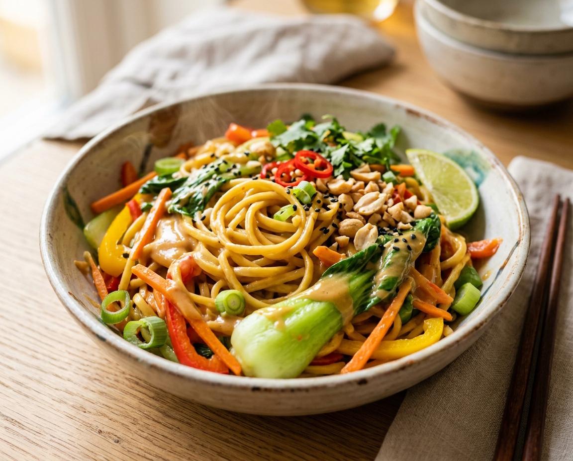 Asia-Nudelpfanne mit Pak Choy & Erdnussoße