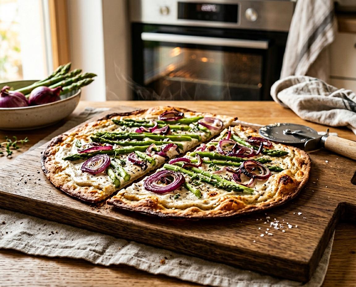 Flammkuchen mit Spargel und roten Zwiebeln