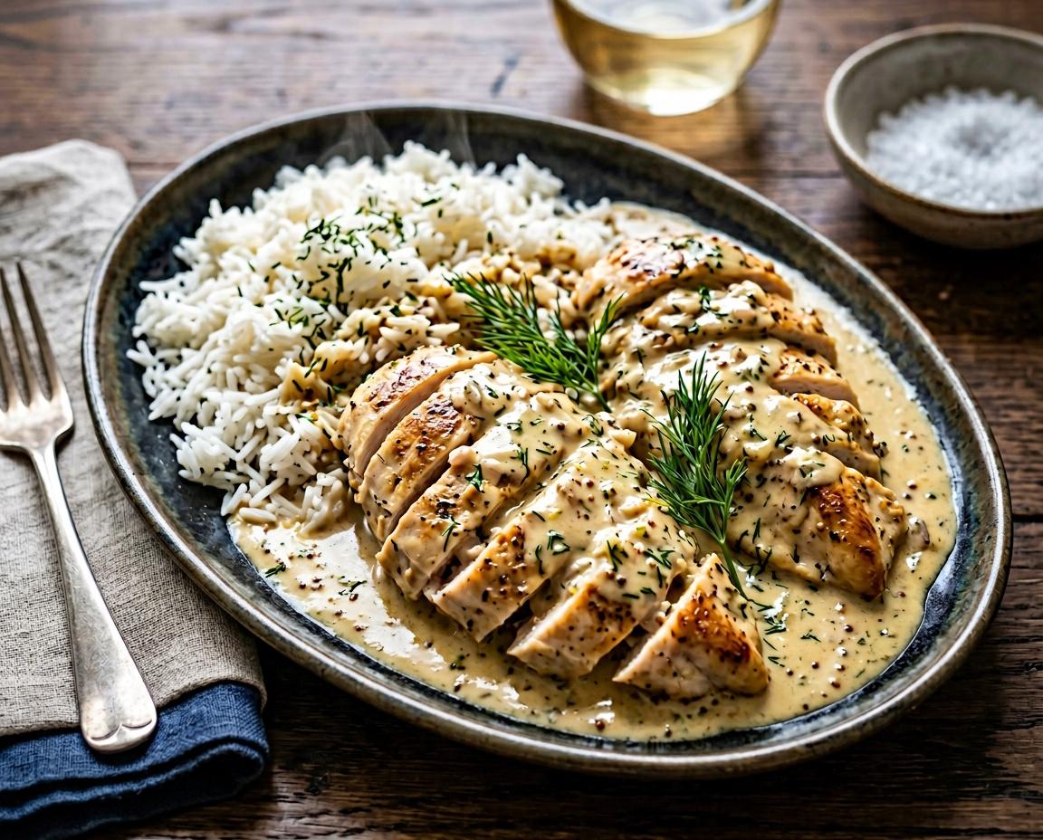 Hähnchen in cremiger Senf-Dill-Soße mit Reis