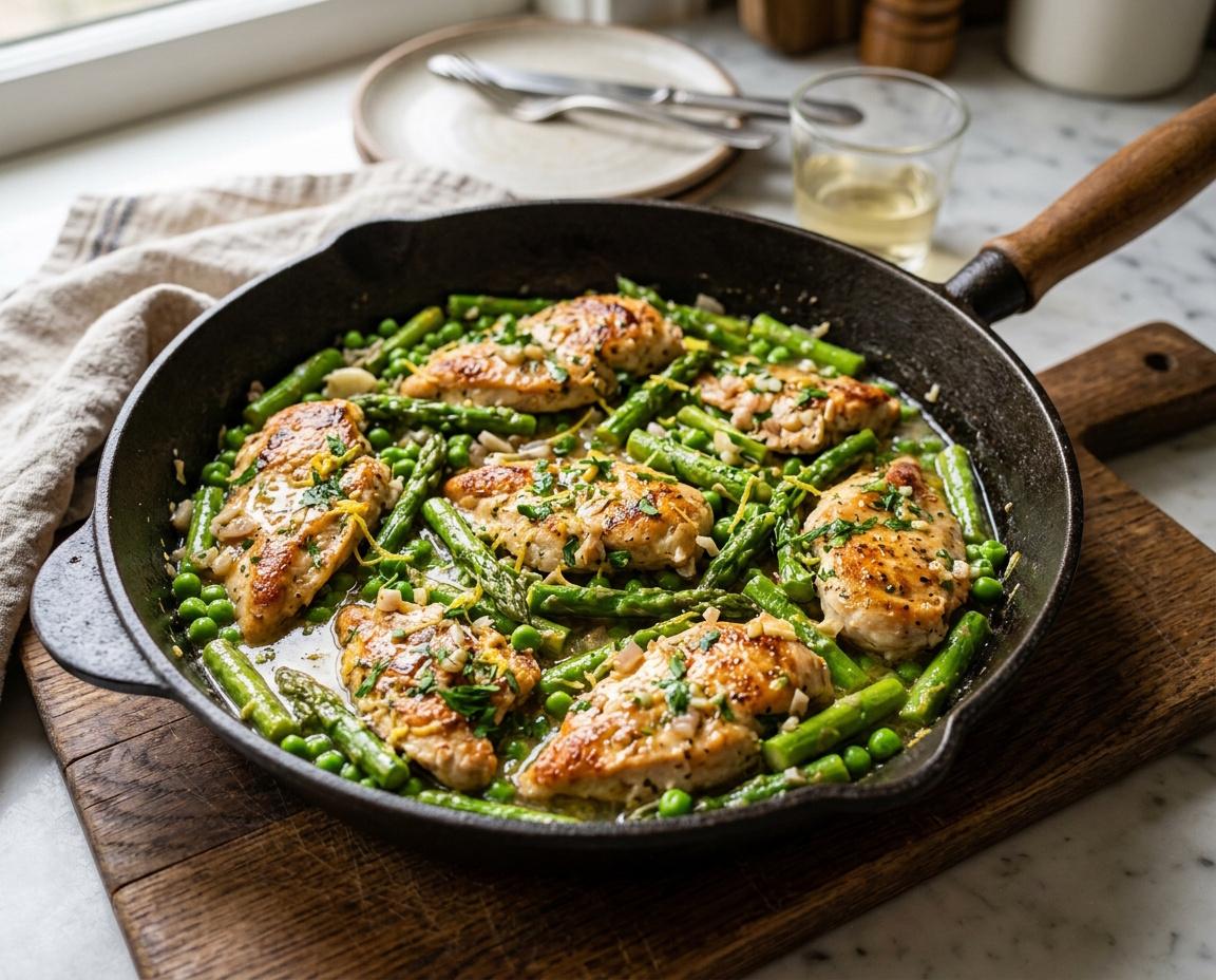 Hähnchenpfanne mit Spargel, Erbsen & Zitronensauce