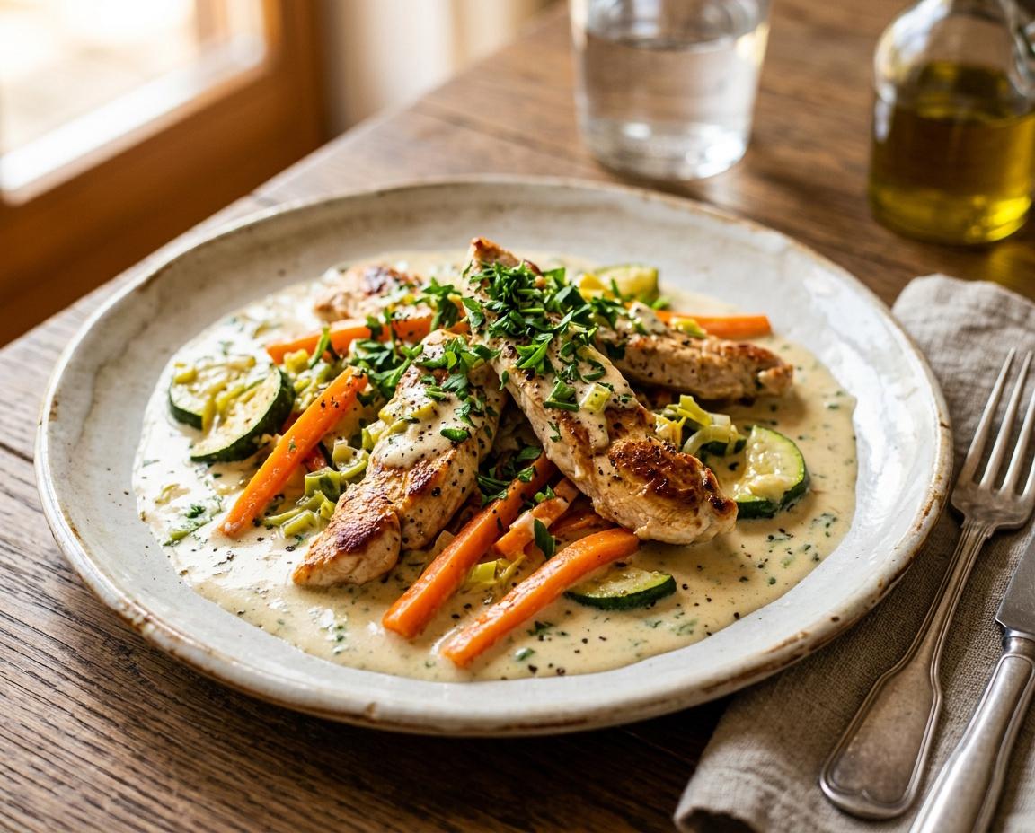Putenstreifen mit Frühlingsgemüse & Kräuterrahm