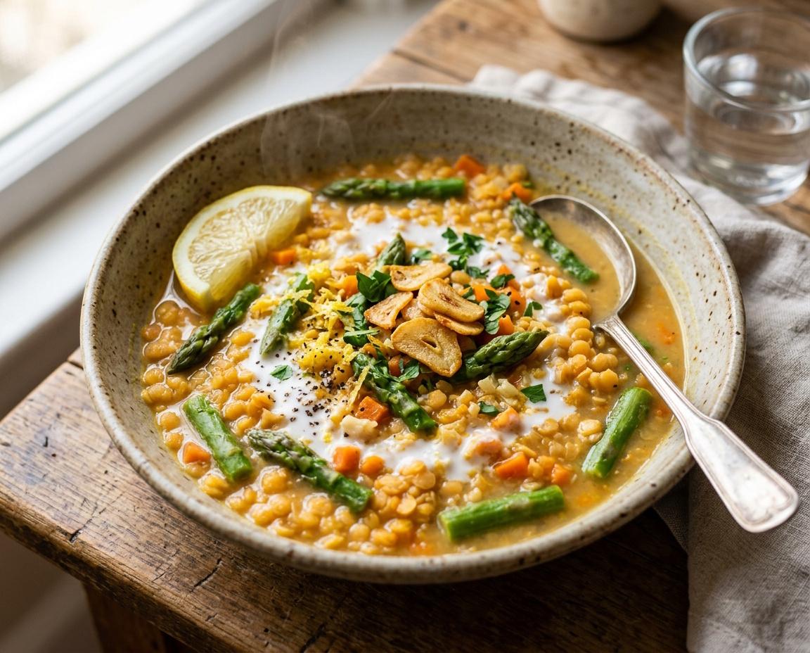 Zitronen-Linsen mit grünem Spargel