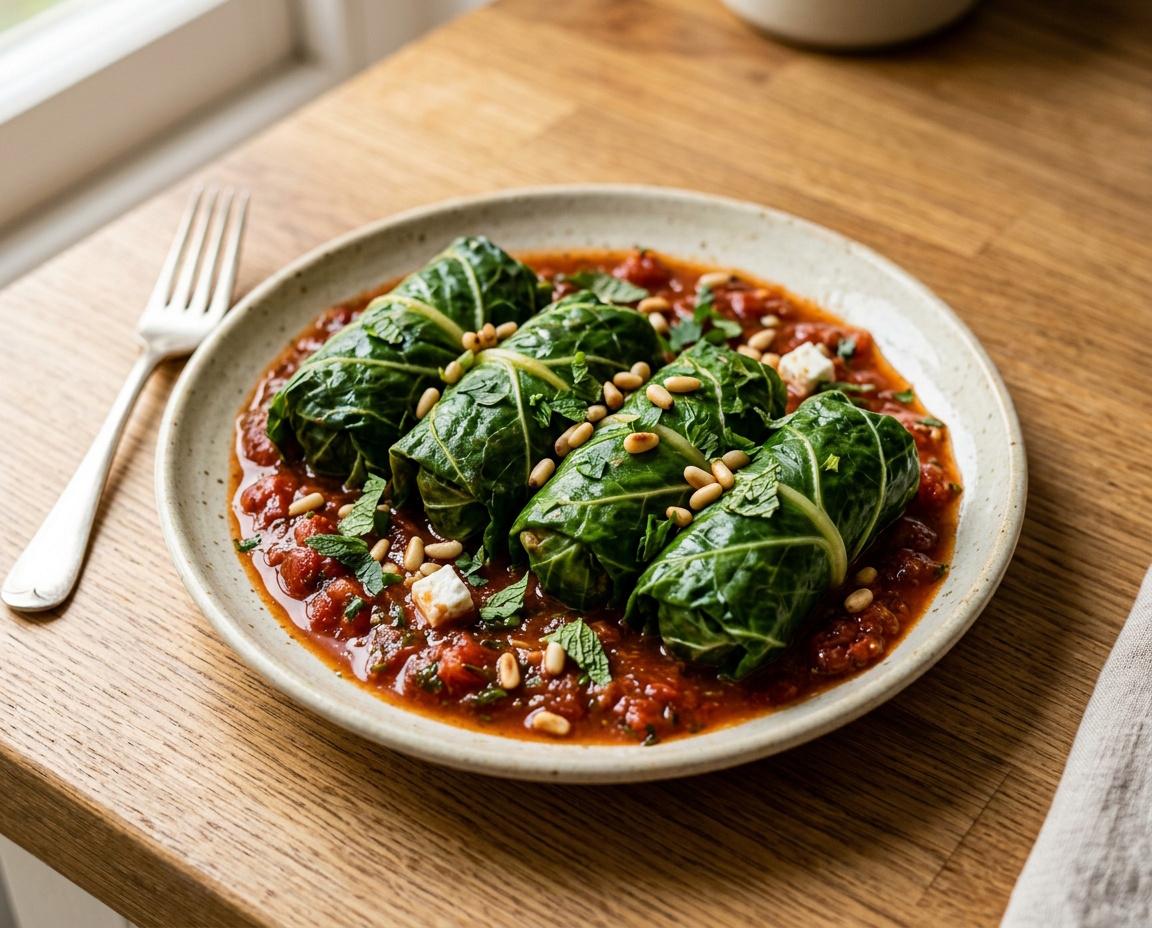 Gefüllte Mangoldblätter mit Feta & Bulgur in Tomatensugo