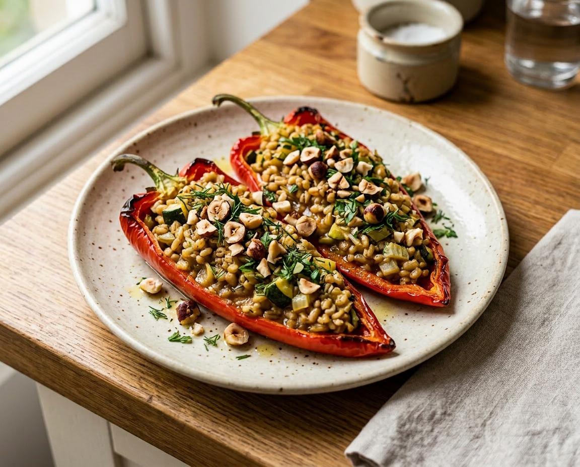 Gefüllte Spitzpaprika mit Gersten-Ragout & gerösteten Haselnüssen