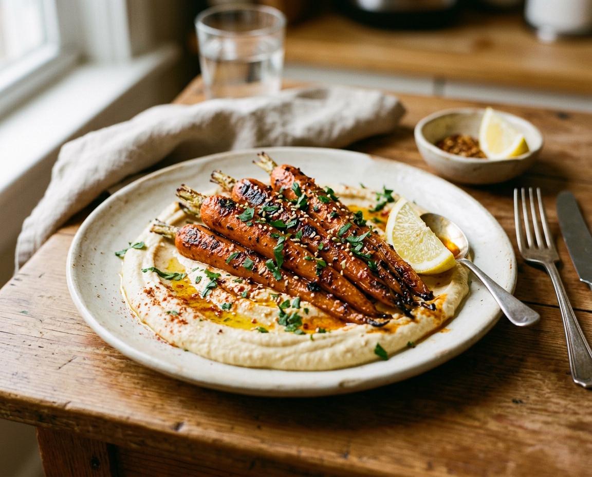 Geröstete Möhren mit Harissa & Hummus