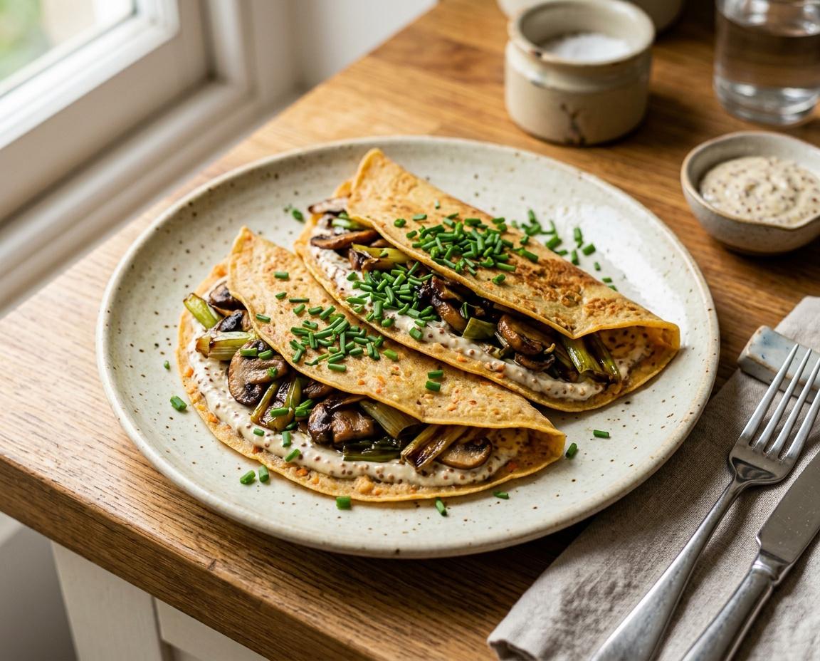 Geschmorte Lauchzwiebeln & Champignons auf Linsen-Crêpes mit Senfcreme