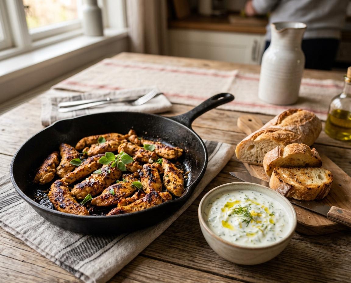 Hähnchen-Gyros aus der Pfanne mit Joghurt-Dip
