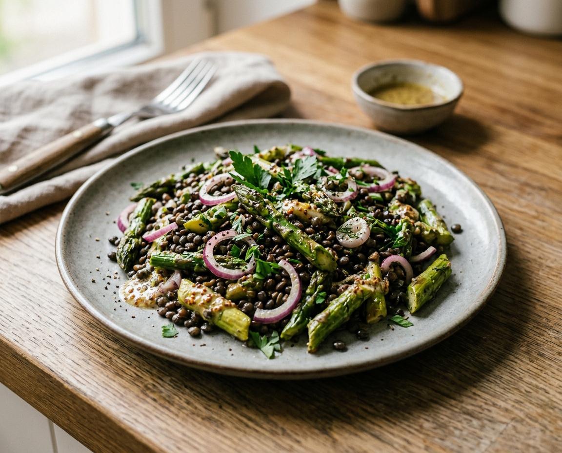 Lauwarmer Spargel-Linsen-Salat mit Senf-Vinaigrette