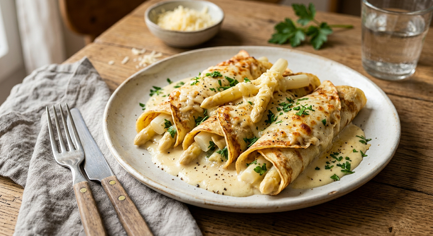 Gefuellte Crepe-Roellchen mit Spargel und Gruyère