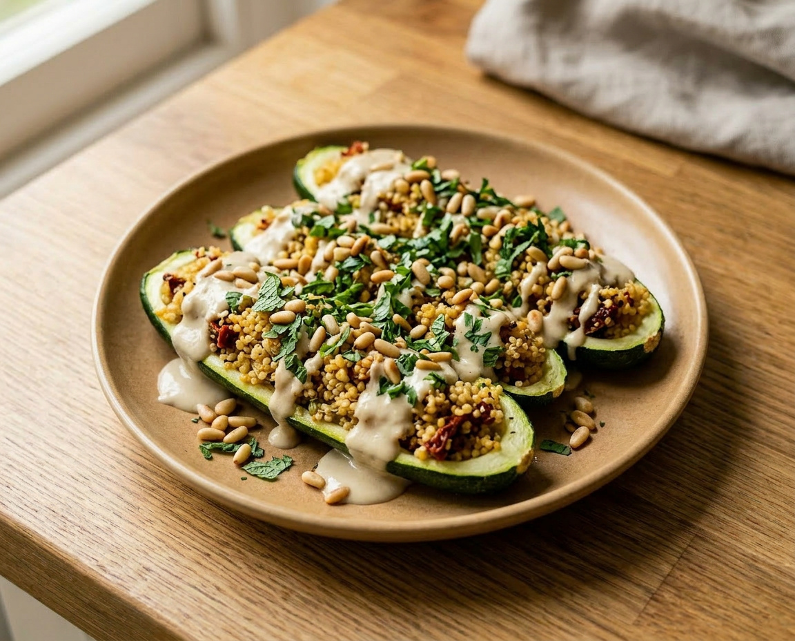 Gefüllte Zucchini mit Quinoa, Tahin und Pinienkernen