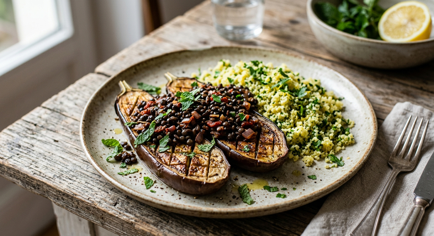 Geschmorte Auberginen mit Beluga-Linsen und Minz-Couscous