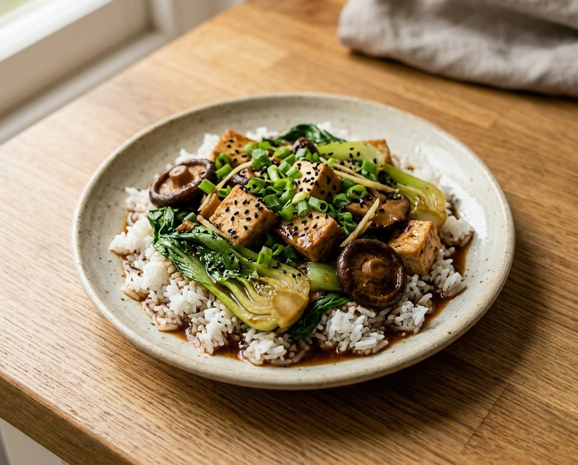 Geschmorter Pak Choy mit Tofu, Shiitake und Sesam auf Reis