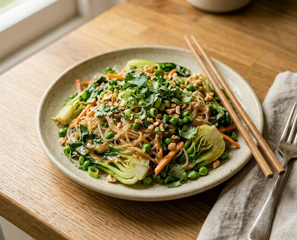 Glasnudelsalat mit Pak Choi, Erbsen und Erdnuss-Dressing