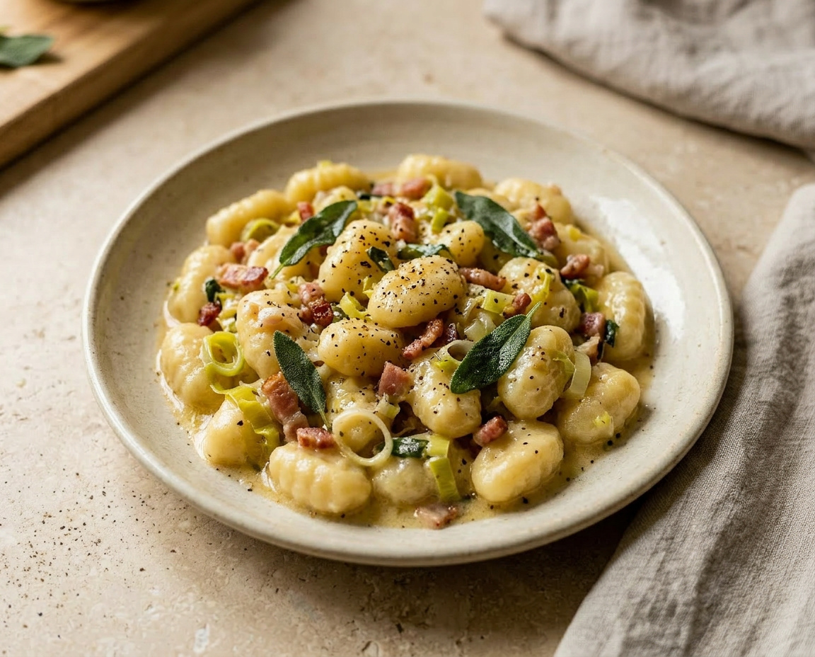 Gnocchi mit Lauch, Speck und Salbei