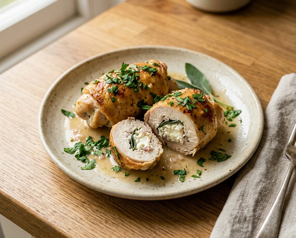 Hähnchenrouladen mit Salbei, Ziegenfrischkäse und Schalotten