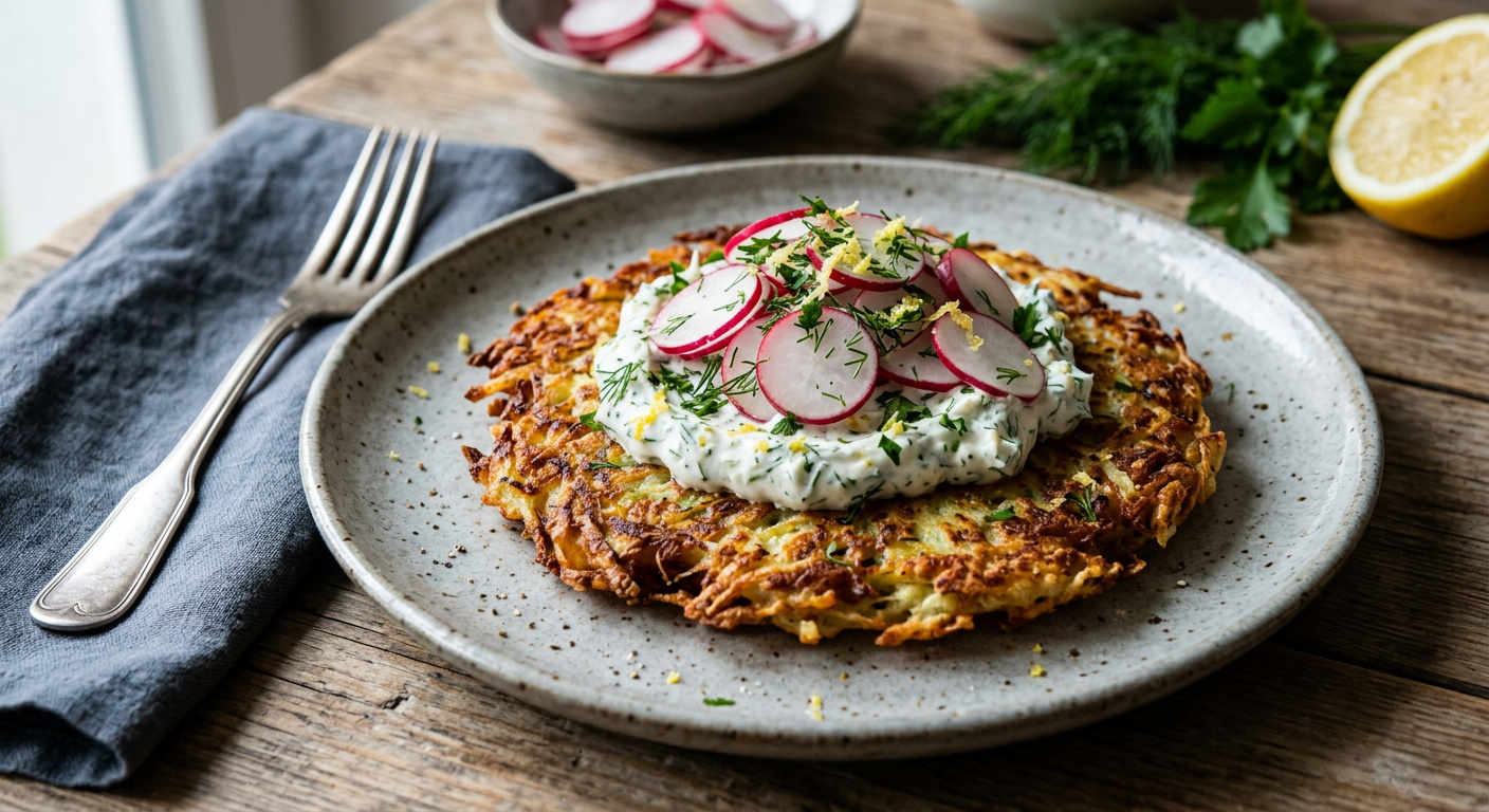 Kohlrabi-Rösti mit Frischkäse und Radieschen
