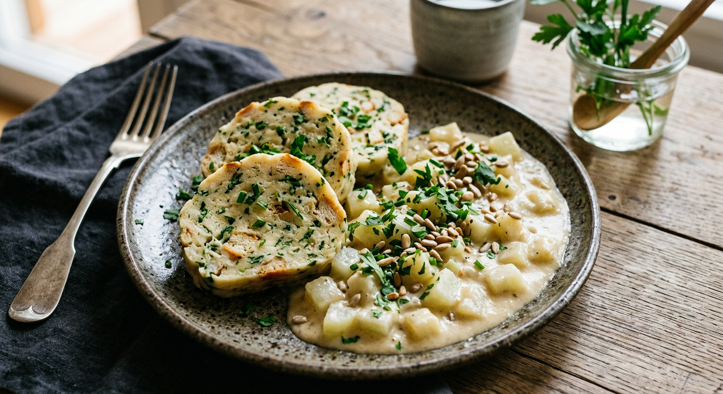 Kraeuter-Serviettenknoedel mit Rahm-Kohlrabi