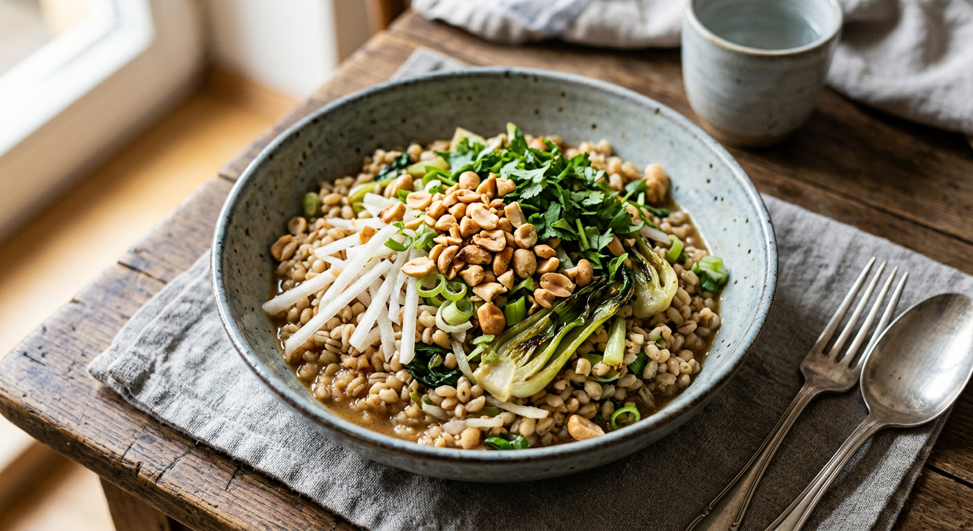 Miso-Gerste mit Rettich, Pak Choy und Erdnüssen