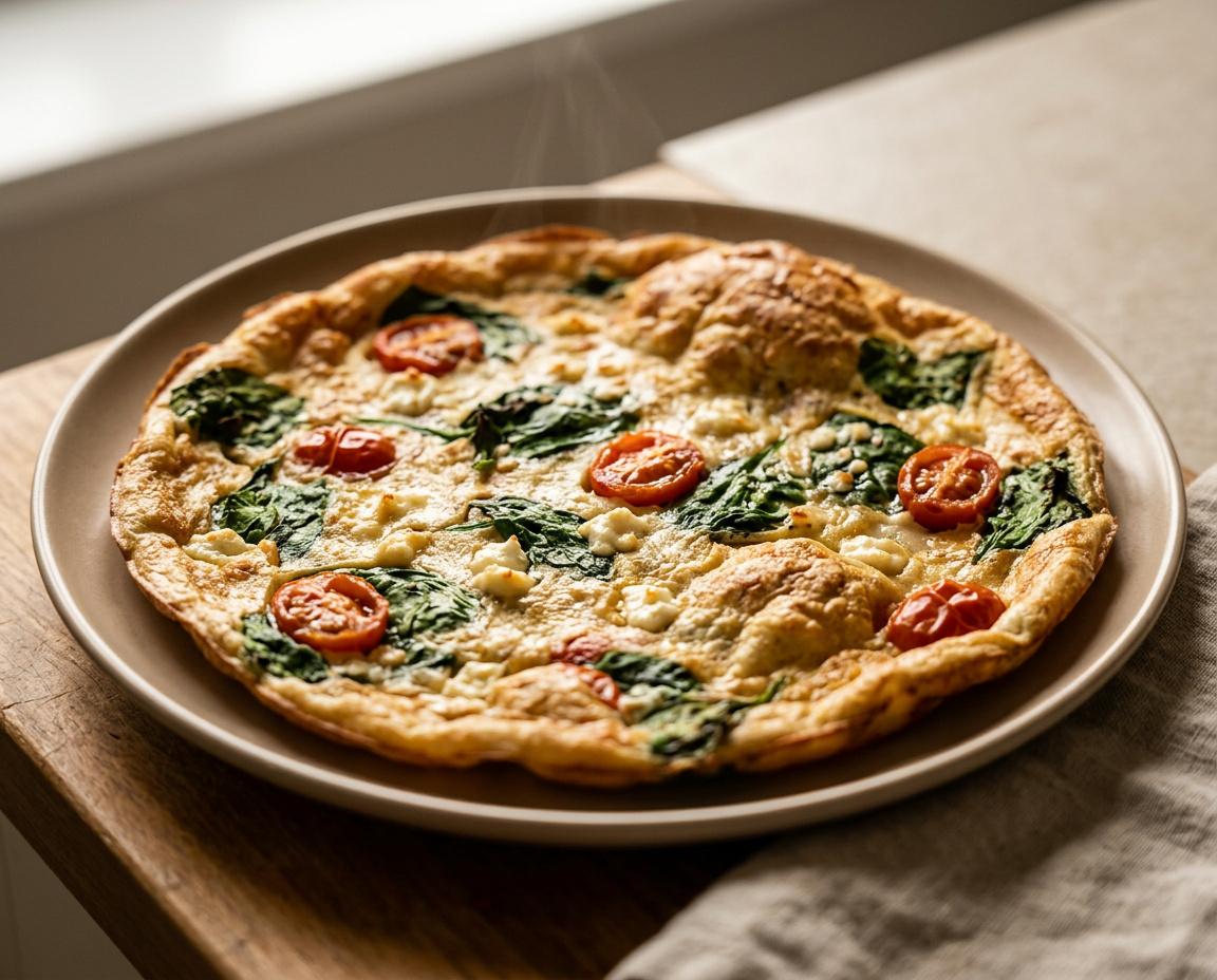 Ofen-Pfannkuchen mit Spinat, Feta und Tomaten