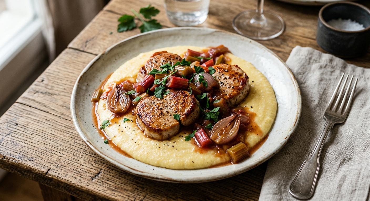 Putenmedaillons mit Rhabarber-Schalotten-Sauce und Polenta